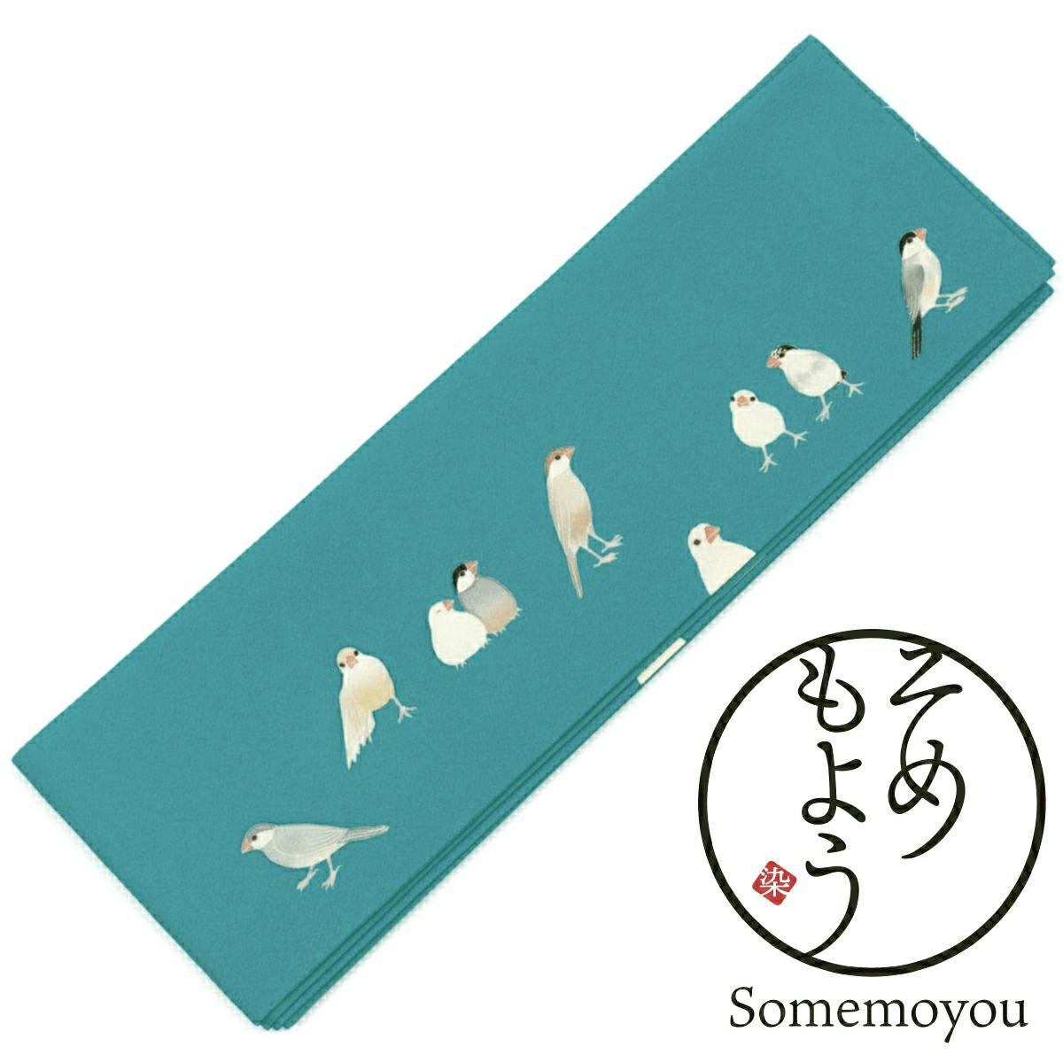 そめもよう】some-pri 半幅帯 「文鳥図鑑 浅葱色」 くるり｜着物屋