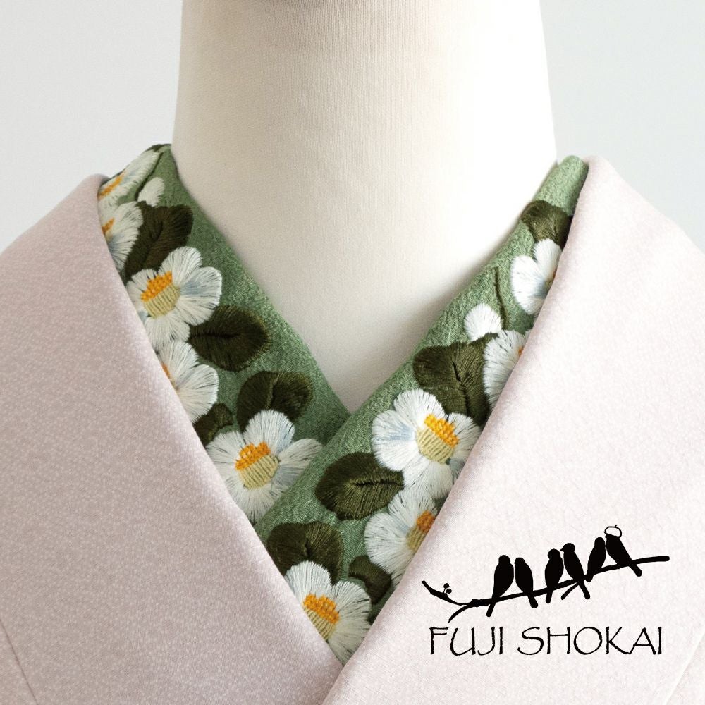 富士商会】ペタコさんの半衿 ／椿白 抹茶｜着物屋くるり 公式通販