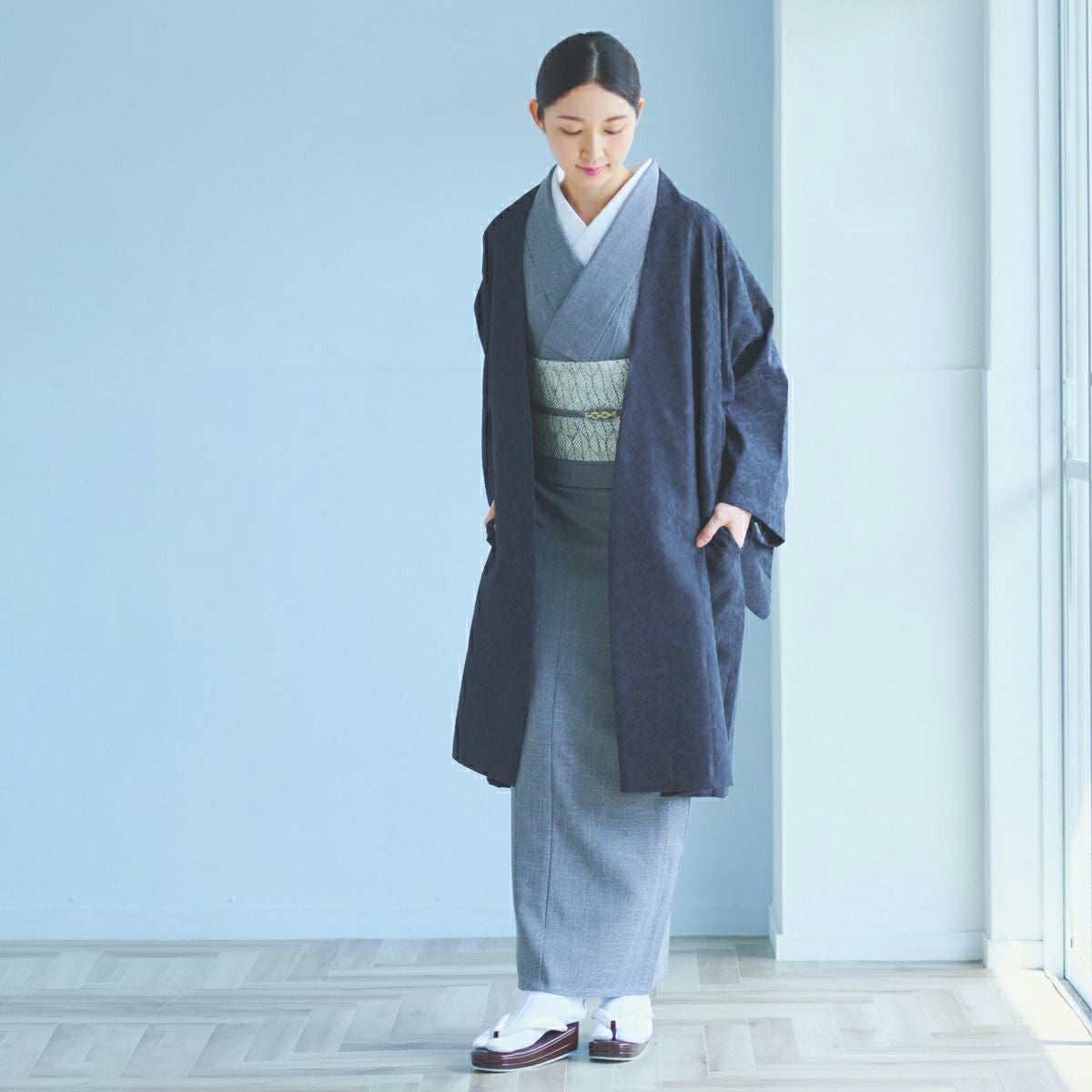 ☆6月再入荷予定☆【CHIKUMO-千雲-】洗える道中着 更紗 ネイビー 単衣