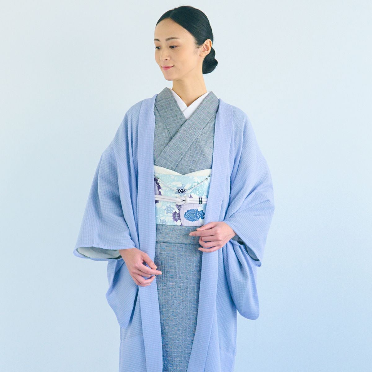CHIKUMO-千雲-】洗える夏きもの 麻楊柳/寄木格子 近江ちぢみ くるり