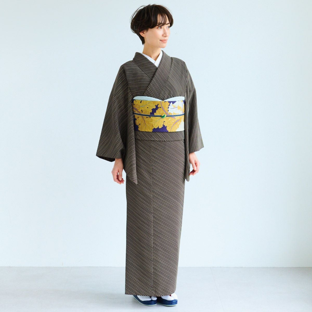 ☆35％OFF☆【CHIKUMO-千雲-】洗える着物 斜め縞/ブラウン 袷小紋