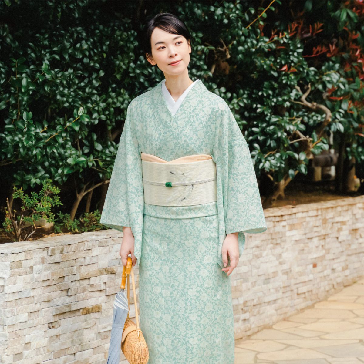 CHIKUMO-千雲-】洗えるきもの 単衣/夏着物 セオα 牡丹唐草/青磁 月華