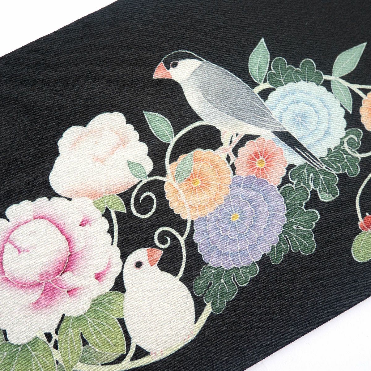 そめもよう】some-pri 半幅帯 「文鳥花飾り 黒」 くるり｜着物屋くるり