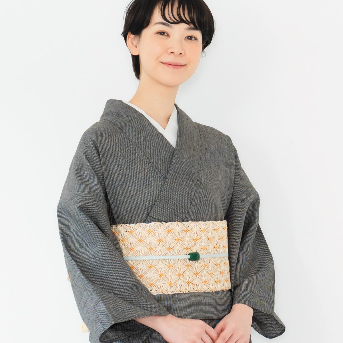 誉田屋源兵衛】半幅帯 通風段文 ドット 黄 芭蕉 夏/単衣 くるり｜着物